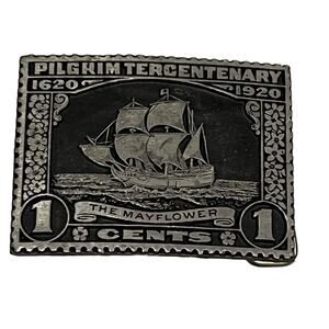 PILGRIM Teracentenary vintage belt buckle MAYFLOWER voyage 1cents Stamp